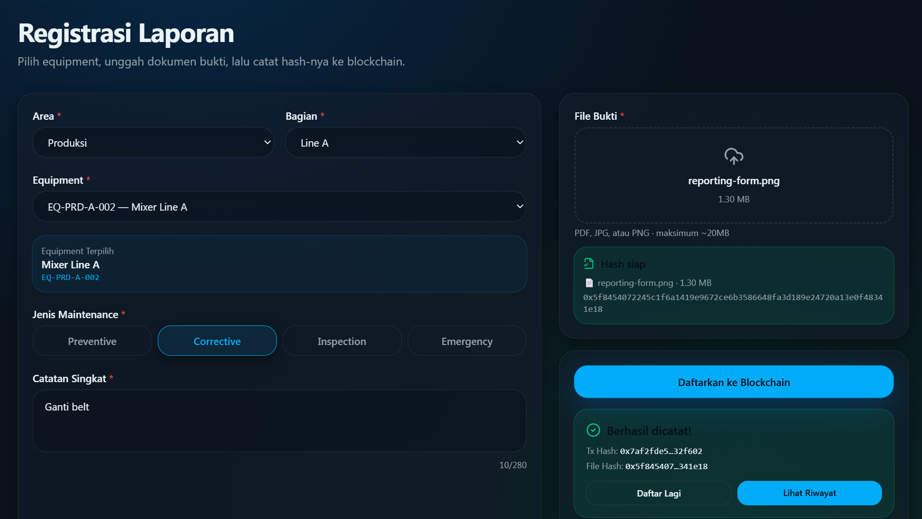 MaintProof report registration flow