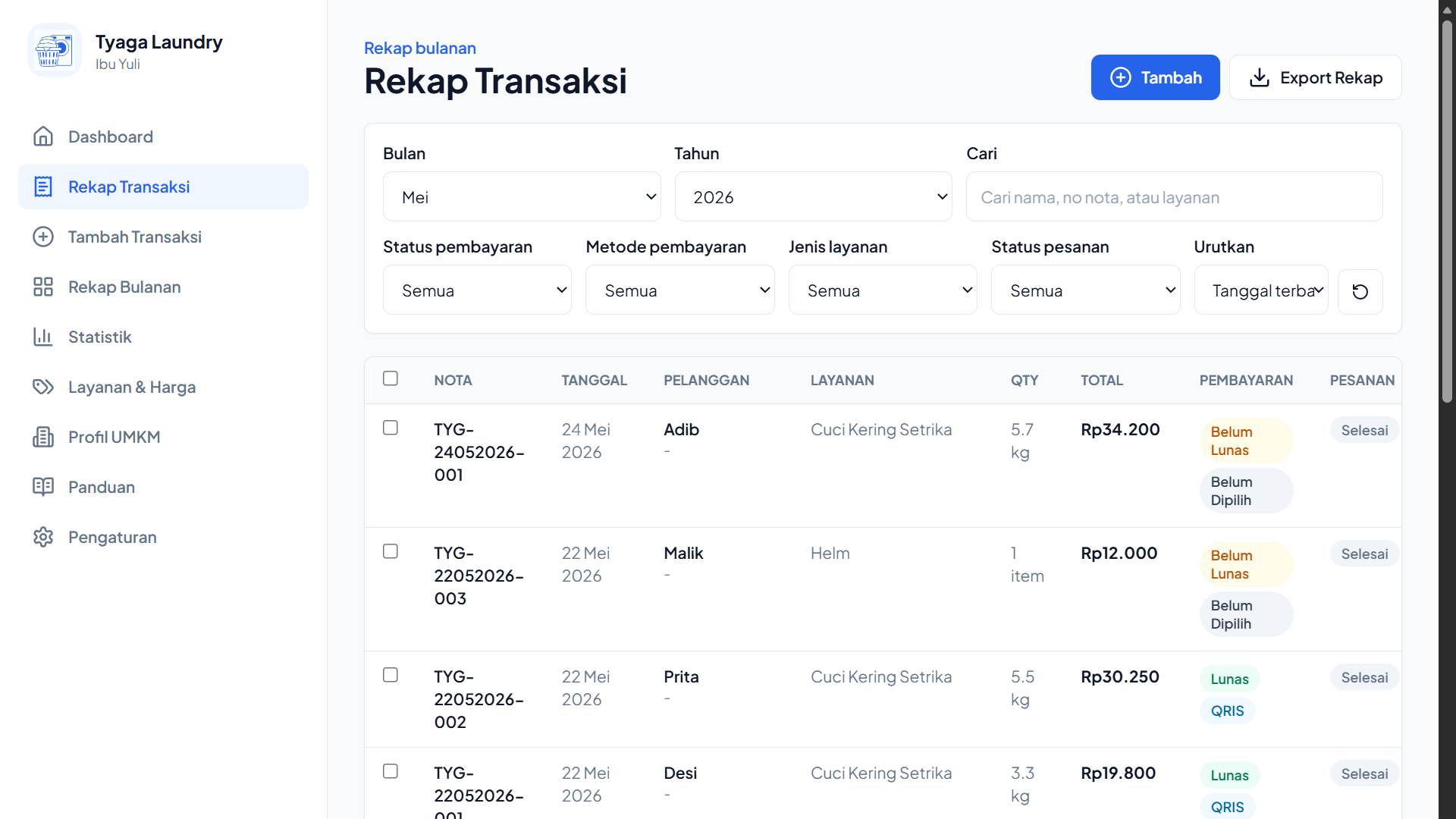 Transaction Records Table